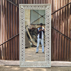 Handcrafted Whitewash Full Length Wooden Mirror | Solid Mango Wood Carved Floor Mirror | Large Rustic Leaning & Wall Mounted Mirror for Bedroom, Entryway & Living Room