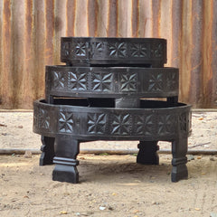 Handcrafted Reclaimed Wood Round Coffee Table Set of 3 | Rustic Solid Wood Living Room Tables | Vintage Carved Cocktail & Accent Tables