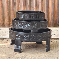 Handcrafted Reclaimed Wood Round Coffee Table Set of 3 | Rustic Solid Wood Living Room Tables | Vintage Carved Cocktail & Accent Tables