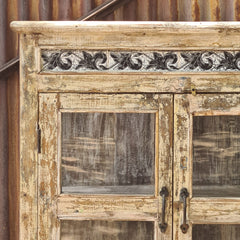 Handcrafted Whitewashed Reclaimed Wood Glass Display Cabinet | Rustic Solid Wood Curio Storage Cabinet with Shelves | Vintage Farmhouse Living Room Furniture