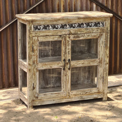 Handcrafted Whitewashed Reclaimed Wood Glass Display Cabinet | Rustic Solid Wood Curio Storage Cabinet with Shelves | Vintage Farmhouse Living Room Furniture