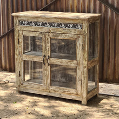 Handcrafted Whitewashed Reclaimed Wood Glass Display Cabinet | Rustic Solid Wood Curio Storage Cabinet with Shelves | Vintage Farmhouse Living Room Furniture