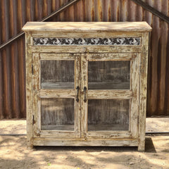 Handcrafted Whitewashed Reclaimed Wood Glass Display Cabinet | Rustic Solid Wood Curio Storage Cabinet with Shelves | Vintage Farmhouse Living Room Furniture