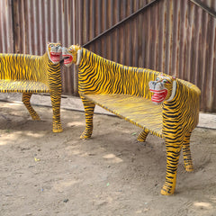 Handcrafted Hand Painted Tiger Bench | Solid Wood Indian Folk Art Animal Settee | Decorative Accent Seating for Living Room, Entryway & Bedroom