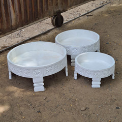 Handcrafted Reclaimed Wood Round Coffee Table Set of 3 | Rustic Solid Wood Living Room Tables | Vintage Carved Cocktail & Accent Tables