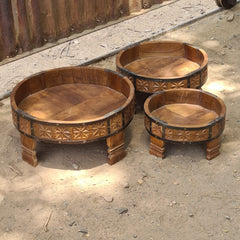 Handcrafted Reclaimed Wood Round Coffee Table Set of 3 | Rustic Solid Wood Living Room Tables | Vintage Carved Cocktail & Accent Tables