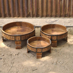 Handcrafted Reclaimed Wood Round Coffee Table Set of 3 | Rustic Solid Wood Living Room Tables | Vintage Carved Cocktail & Accent Tables