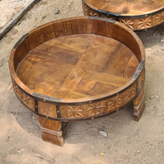 Handcrafted Reclaimed Wood Round Coffee Table Set of 3 | Rustic Solid Wood Living Room Tables | Vintage Carved Cocktail & Accent Tables
