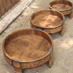 Handcrafted Reclaimed Wood Round Coffee Table Set of 3 | Rustic Solid Wood Living Room Tables | Vintage Carved Cocktail & Accent Tables