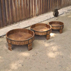 Handcrafted Reclaimed Wood Round Coffee Table Set of 3 | Rustic Solid Wood Living Room Tables | Vintage Carved Cocktail & Accent Tables