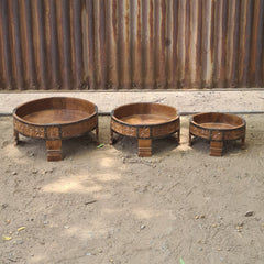 Handcrafted Reclaimed Wood Round Coffee Table Set of 3 | Rustic Solid Wood Living Room Tables | Vintage Carved Cocktail & Accent Tables