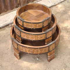 Handcrafted Reclaimed Wood Round Coffee Table Set of 3 | Rustic Solid Wood Living Room Tables | Vintage Carved Cocktail & Accent Tables
