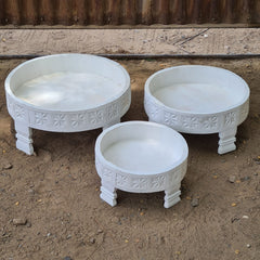 Handcrafted Reclaimed Wood Round Coffee Table Set of 3 | Rustic Solid Wood Living Room Tables | Vintage Carved Cocktail & Accent Tables