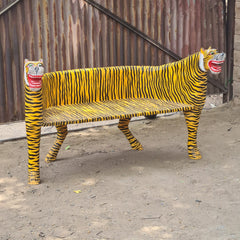 Handcrafted Hand Painted Tiger Bench | Solid Wood Indian Folk Art Animal Settee | Decorative Accent Seating for Living Room, Entryway & Bedroom
