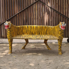 Handcrafted Hand Painted Tiger Bench | Solid Wood Indian Folk Art Animal Settee | Decorative Accent Seating for Living Room, Entryway & Bedroom