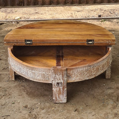 Handcrafted Round Reclaimed Wood Coffee Table | Rustic Whitewashed Solid Wood Center Table | Vintage Carved Cocktail Table for Living Room