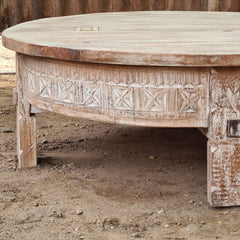 Handcrafted Round Reclaimed Wood Coffee Table | Rustic Whitewashed Solid Wood Center Table | Vintage Carved Cocktail Table for Living Room