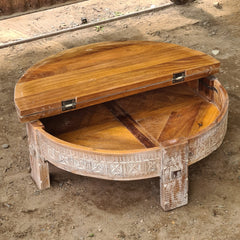 Handcrafted Round Reclaimed Wood Coffee Table | Rustic Whitewashed Solid Wood Center Table | Vintage Carved Cocktail Table for Living Room