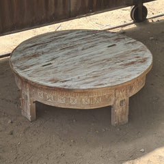 Handcrafted Round Reclaimed Wood Coffee Table | Rustic Whitewashed Solid Wood Center Table | Vintage Carved Cocktail Table for Living Room