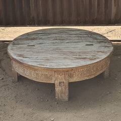 Handcrafted Round Reclaimed Wood Coffee Table | Rustic Whitewashed Solid Wood Center Table | Vintage Carved Cocktail Table for Living Room