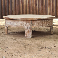 Handcrafted Round Reclaimed Wood Coffee Table | Rustic Whitewashed Solid Wood Center Table | Vintage Carved Cocktail Table for Living Room