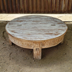 Handcrafted Round Reclaimed Wood Coffee Table | Rustic Whitewashed Solid Wood Center Table | Vintage Carved Cocktail Table for Living Room