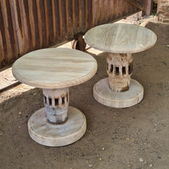 Handcrafted Round Wooden End Table Set of 2 | Rustic Mango Wood Side Tables with Pedestal Base | Accent Tables for Living Room, Bedroom & Entryway