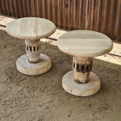 Handcrafted Round Wooden End Table Set of 2 | Rustic Mango Wood Side Tables with Pedestal Base | Accent Tables for Living Room, Bedroom & Entryway