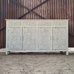 Handcrafted Whitewashed Solid Wood Hand Carved Sideboard Buffet Cabinet | Rustic Floral 4 Door Storage Console for Dining Room, Living Room & Entryway