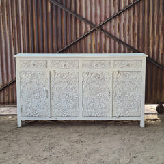 Handcrafted Whitewashed Solid Wood Hand Carved Sideboard Buffet Cabinet | Rustic Floral 4 Door Storage Console for Dining Room, Living Room & Entryway