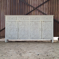 Handcrafted Whitewashed Solid Wood Hand Carved Sideboard Buffet Cabinet | Rustic Floral 4 Door Storage Console for Dining Room, Living Room & Entryway