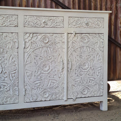 Handcrafted Whitewashed Solid Wood Hand Carved Sideboard Buffet Cabinet | Rustic Floral 4 Door Storage Console for Dining Room, Living Room & Entryway