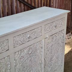 Handcrafted Whitewashed Solid Wood Hand Carved Sideboard Buffet Cabinet | Rustic Floral 4 Door Storage Console for Dining Room, Living Room & Entryway
