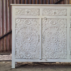 Handcrafted Whitewashed Solid Wood Hand Carved Sideboard Buffet Cabinet | Rustic Floral 4 Door Storage Console for Dining Room, Living Room & Entryway