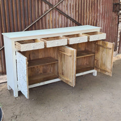 Handcrafted Whitewashed Solid Wood Hand Carved Sideboard Buffet Cabinet | Rustic Floral 4 Door Storage Console for Dining Room, Living Room & Entryway