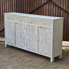 Handcrafted Whitewashed Solid Wood Hand Carved Sideboard Buffet Cabinet | Rustic Floral 4 Door Storage Console for Dining Room, Living Room & Entryway