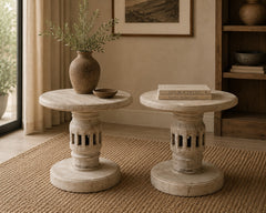 Handcrafted Round Wooden End Table Set of 2 | Rustic Mango Wood Side Tables with Pedestal Base | Accent Tables for Living Room, Bedroom & Entryway