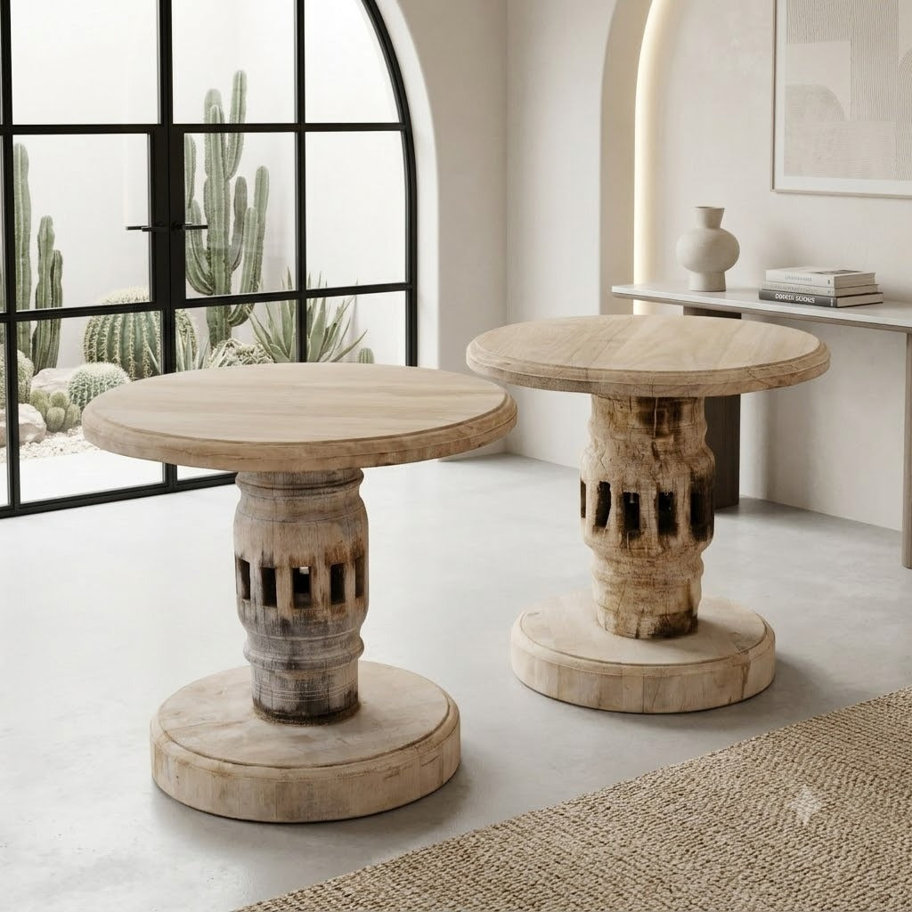 Handcrafted Round Wooden End Table Set of 2 | Rustic Mango Wood Side Tables with Pedestal Base | Accent Tables for Living Room, Bedroom & Entryway