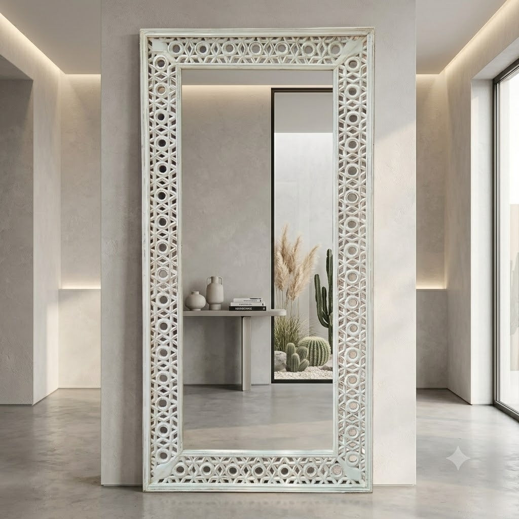 Handcrafted Whitewash Full Length Wooden Mirror | Solid Mango Wood Carved Floor Mirror | Large Rustic Leaning & Wall Mounted Mirror for Bedroom, Entryway & Living Room