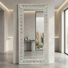 Handcrafted Whitewash Full Length Wooden Mirror | Solid Mango Wood Carved Floor Mirror | Large Rustic Leaning & Wall Mounted Mirror for Bedroom, Entryway & Living Room