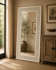 Handcrafted Whitewash Full Length Wooden Mirror | Solid Mango Wood Carved Floor Mirror | Large Rustic Leaning & Wall Mounted Mirror for Bedroom, Entryway & Living Room