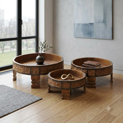 Handcrafted Reclaimed Wood Round Coffee Table Set of 3 | Rustic Solid Wood Living Room Tables | Vintage Carved Cocktail & Accent Tables