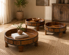 Handcrafted Reclaimed Wood Round Coffee Table Set of 3 | Rustic Solid Wood Living Room Tables | Vintage Carved Cocktail & Accent Tables