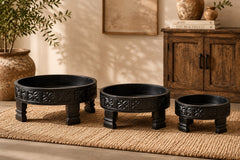 Handcrafted Reclaimed Wood Round Coffee Table Set of 3 | Rustic Solid Wood Living Room Tables | Vintage Carved Cocktail & Accent Tables