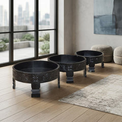 Handcrafted Reclaimed Wood Round Coffee Table Set of 3 | Rustic Solid Wood Living Room Tables | Vintage Carved Cocktail & Accent Tables