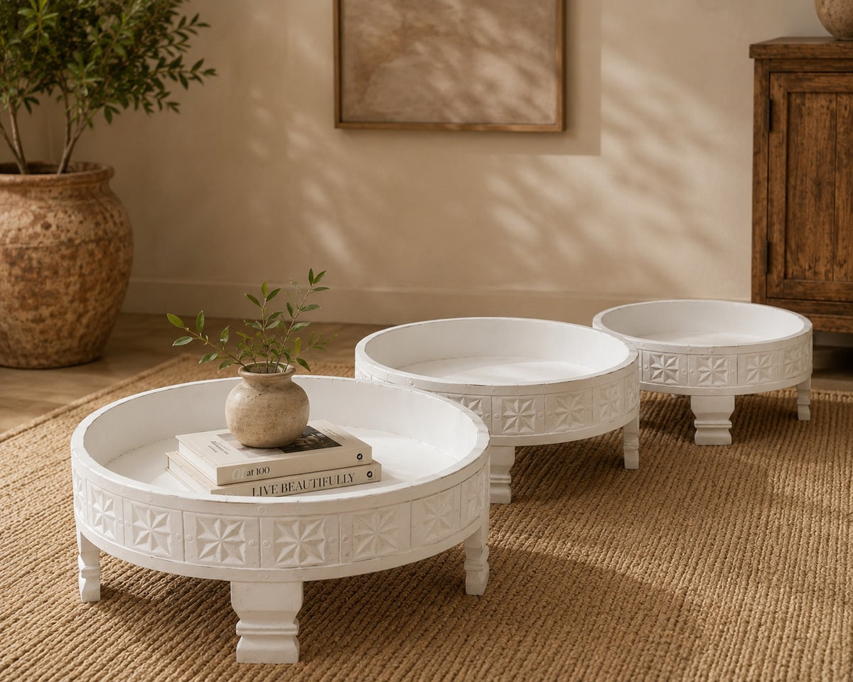 Handcrafted Reclaimed Wood Round Coffee Table Set of 3 | Rustic Solid Wood Living Room Tables | Vintage Carved Cocktail & Accent Tables