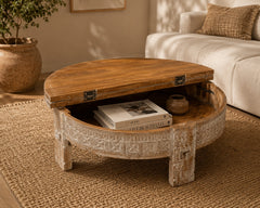 Handcrafted Round Reclaimed Wood Coffee Table | Rustic Whitewashed Solid Wood Center Table | Vintage Carved Cocktail Table for Living Room