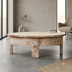 Handcrafted Round Reclaimed Wood Coffee Table | Rustic Whitewashed Solid Wood Center Table | Vintage Carved Cocktail Table for Living Room