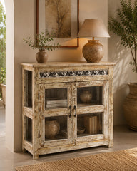 Handcrafted Whitewashed Reclaimed Wood Glass Display Cabinet | Rustic Solid Wood Curio Storage Cabinet with Shelves | Vintage Farmhouse Living Room Furniture