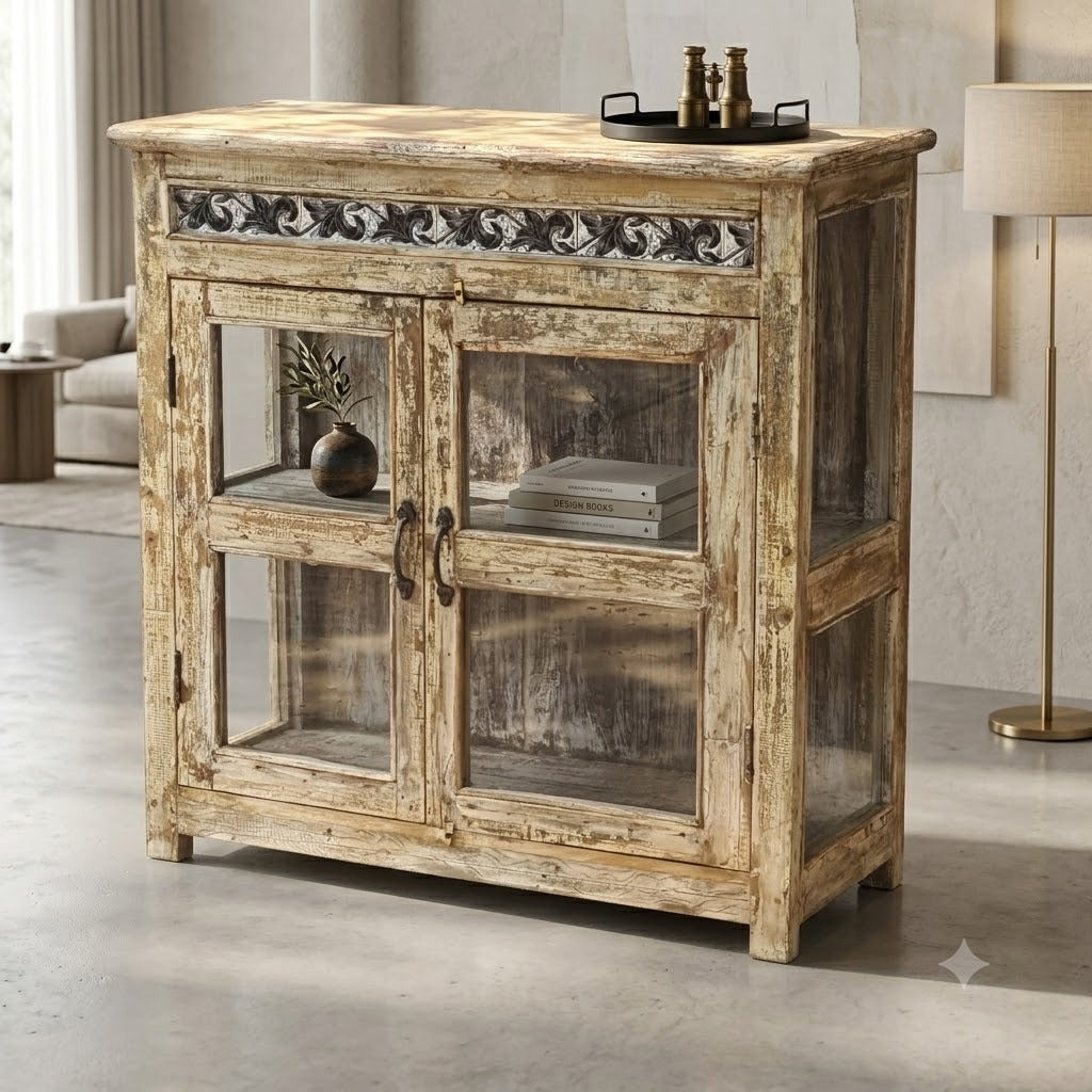 Handcrafted Whitewashed Reclaimed Wood Glass Display Cabinet | Rustic Solid Wood Curio Storage Cabinet with Shelves | Vintage Farmhouse Living Room Furniture